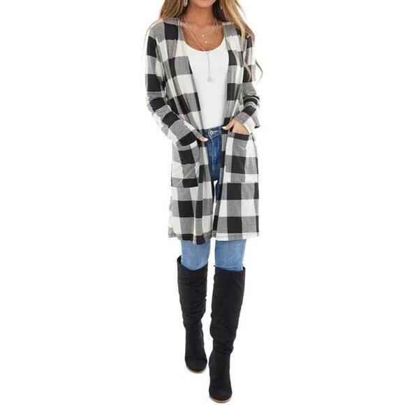 Women's Buffalo Plaid Knit Long Cardigan V Neck Pockets Plus Size - Picture 4 of 6